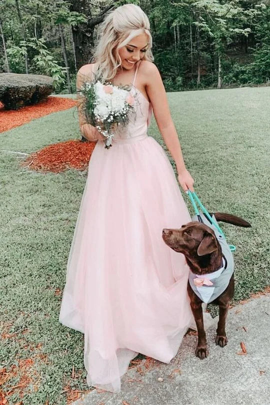 Vestido de fiesta de tul con escote en A, espalda descubierta y lazo, largo hasta el suelo